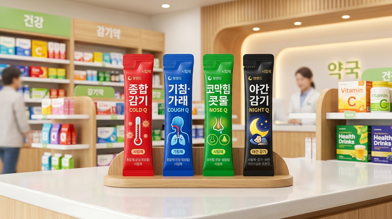 성인용 콜대원 큐 시리즈 4종(빨강 콜드큐, 파랑 코프큐, 초록 노즈큐, 검정 나이트큐) 스틱형 감기약 색상별 제품 라인업 일러스트