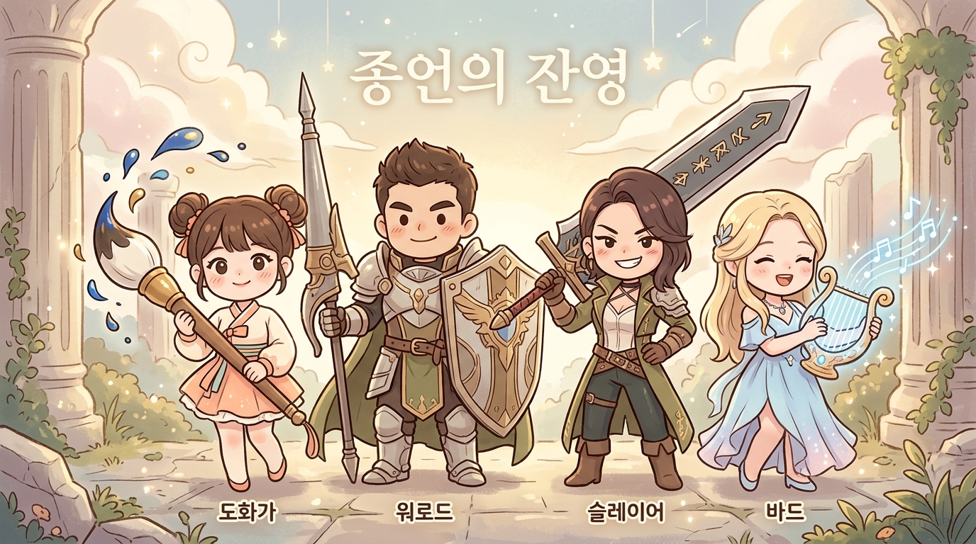 로스트아크 2026 종언의 잔영 4인 원정대 (도화가, 워로드, 슬레이어, 바드) 2D Chibi 일러스트
